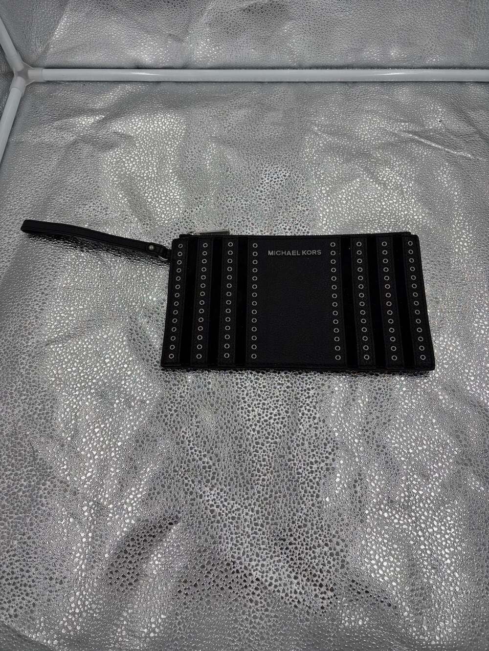 Michael Kors Black Leather Wristlet with Grommet Stud Detail